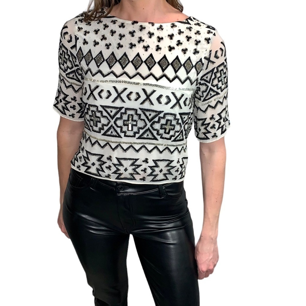 Alice and Olivia Beaded‎ Embroidered Geometric Silk Top